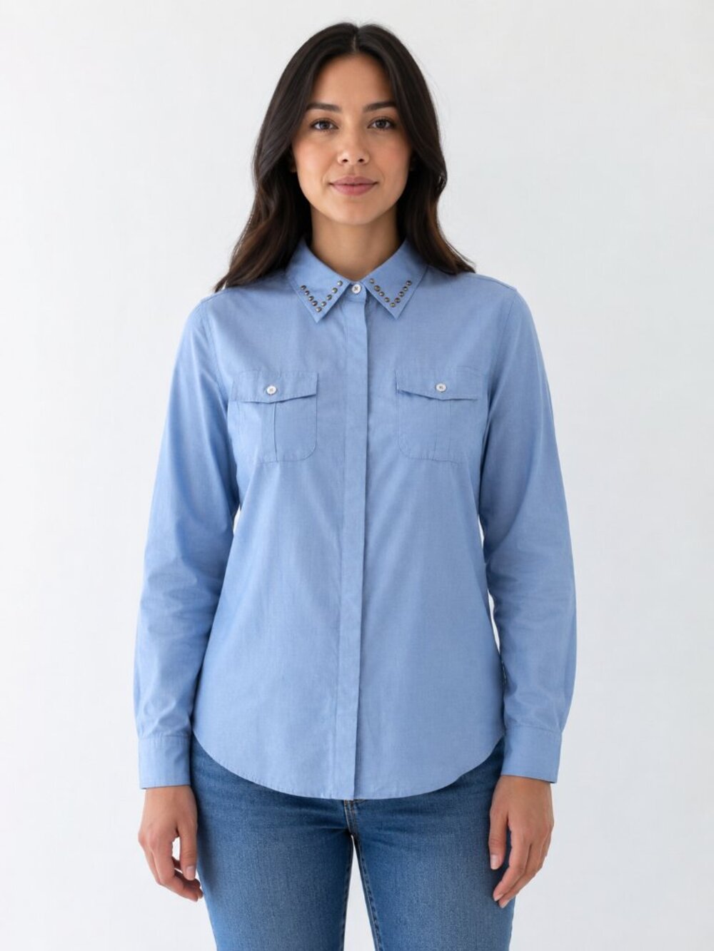 Serena Williams Signature Blue Studded Collar Button Up Cotton Shirt L